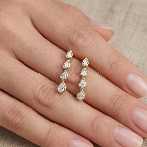 Modern Lab Grown Pear Cut Diamond Dangle <b>Drop</b> Earrings 14K Solid Gold Minimalist Fine Jewelry for Womens Wedding Gift Her - Product Image 2