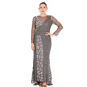 Robe de soirée élégante gris ardoise à sequins géométriques, coupe fourreau, manches longues, longueur ras du sol, col en V, transparente, formelle, maxi - Product Image 4