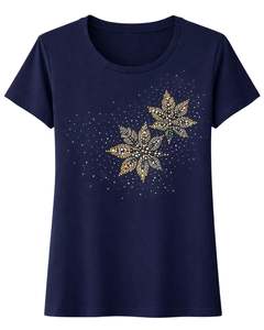T-shirt en coton bleu marine personnalisé pour femme, imprimé floral en strass, décontracté, à manches courtes, haut tendance d'été, fabricant sur mesure OEM - Product Image 1
