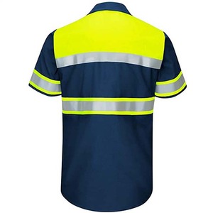 เสื้อเชิ้ตทำงานผู้ชายสีน้ำเงินกรมท่า สะท้อนแสง ทอเนื้อผ้าเรียบ สไตล์ลำลอง แต่งแถบสีเหลืองและขอบสีเงิน - Product Image 2