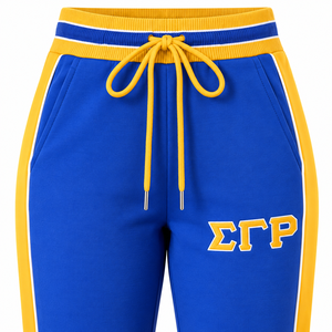 Pantalones Deportivos Azul Rey para Mujer con Rayas Laterales Amarillo Dorado, Bordado de Letras Griegas, Cintura Elástica con Cordón Ajustable, Pierna Recta - Product Image 5