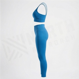 Conjunto de Yoga sin Costuras Azul para Mujer, Leggings de Cintura Alta, Sujetador Deportivo con Doble Tirante y Escote Redondo, 2 Piezas - Product Image 3