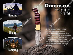 Couteau de camping pliant artisanal en acier Damas de qualité industrielle, pointe de rasoir, tranchant, manche en bois Pakka et laiton, OEM - Product Image 5