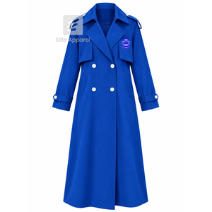 Manteau long sur mesure de la sororité Zeta Phi Beta, logo brodé, col cranté, manches longues, en laine bleue et blanche pour femme - Product Image 1