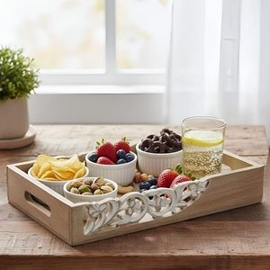 Plateau de service en bois sculpté à la main, art moderne floral, multifonctionnel, décoratif pour restaurants, traiteurs et usage domestique - Product Image 3