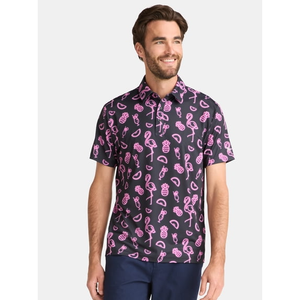 Chemise à manches courtes pour homme, imprimé flamant rose et ananas, décontractée, respirante, tricotée en polyester/coton, pour le golf - Product Image 1