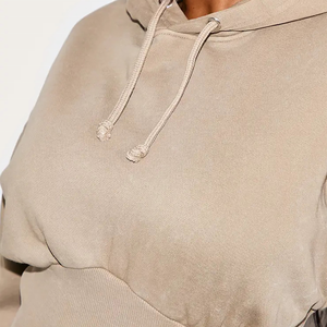Conjunto de punto beige de 2 piezas para mujer, top corto con capucha, pantalones acampanados, chándal informal de color liso, manga larga, largo completo, con capucha tipo corsé - Product Image 5