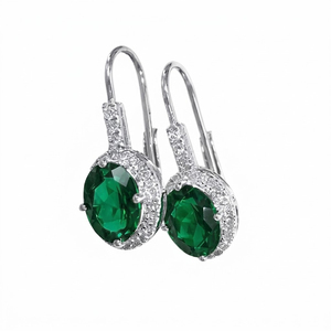 Pendientes de Aro con Halo de Diamantes Naturales y Esmeralda Verde de Corte Ovalado de 3.50 Ct, con Cierre de Palanca, en Oro de 14K, Pendientes de Piedras Preciosas - Product Image 4