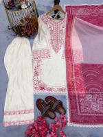 Ensemble Salwar Farshi en satin de rayonne avec Kurta brodée, drapé en chiffon à imprimé numérique et bordure en dentelle sur quatre côtés, Festif ZW 233