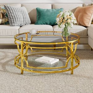 Lussuoso Tavolino da Caffè con Struttura in Metallo Geometrico e Piano in Vetro Temperato Rotondo 78 cm, Finitura Oro, Ripiano Inferiore Trasparente - Product Image 2