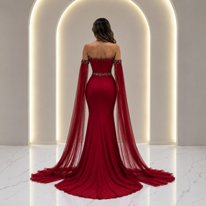 Vestido de Noche Rojo de Lujo Estilo Sirena para Mujer |   Vestido de fiesta de satén sin tirantes con adornos de cristal y mangas largas tipo capa, estilo bodycon. - Product Image 3