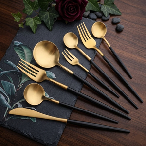 Luxury <b>Black</b> and Gold Cutlery <b>Set</b> Matte Stainless Steel Flatware Two-Tone Silverware <b>Set</b> for Wedding & Fine Dining - Product Image 1