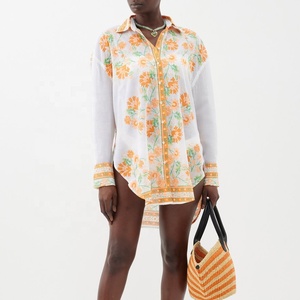 Colorful Cotton Cover-Up by the <b>Pool</b> White Shirt with Yellow Marigold Embroidery Sexy Casual A-Line Summer Eco-Friendly Dress - Product Image 1