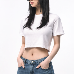 Top Corto de Mujer, Estilo Dulce, Tejido Sólido de 220 g/m², Transpirable, Ajustado, de Manga Corta, de Algodón y Elastano, para Verano - Product Image 1