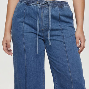 En gros, Pantalon en jean décontracté en coton pour femme, grande taille, taille haute, coupe large, avec cordon de serrage, délavé à la pierre - Product Image 4