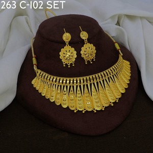 MIJ Elegant Gold Plated Vintage Style Geometric Design Women's <b>Bridal</b> Necklace Earring Set Ceylon Style South Indian Kandyan Set - Product Image 6