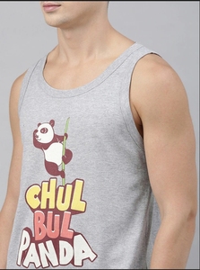 Débardeur sans manches gris pour homme avec imprimé de dessin animé Chul Bul Panda, col rond, style décontracté, 100% coton, tissu tricoté respirant - Product Image 6