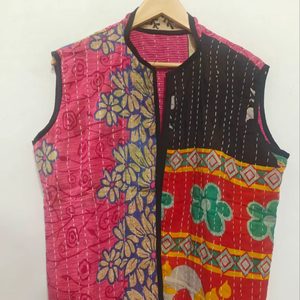 Handmade Kantha Bohemian Elegant Handmade Cotton Kantha V-Neck <b>Women's</b> <b>Waistcoat</b> Winter Short Jacket Vest with <b>Embroidered</b> Back - Product Image 1