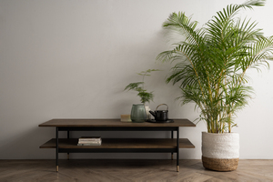 Industrial 140cm Toffee Acacia Wood Coffee <b>Table</b> with Sand Black Metal Legs and Herringbone Parquet Detail for Luxury Living Roo - Product Image 4