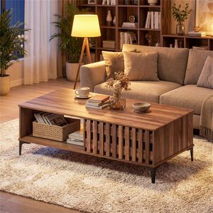 Tavolino da Caffè in Stile Mid-Century da 47 Pollici con Aspetto in Legno di Noce, Armadietti Contenitori e Vano Aperto, Modello Basso Resistente - Product Image 2