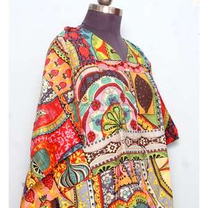 Kaftán Indio Estampado a Mano, Ecológico, Hecho a Mano, 100% Algodón Orgánico, Ligero, Ropa de Dormir Corta, Ropa de Playa Floral, Verano - Product Image 5