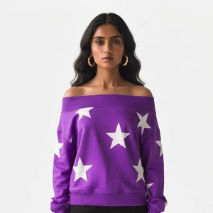 Women <b>Off</b> <b>Shoulder</b> Sweatshirt Purple Star Printed <b>Long</b> <b>Sleeve</b> Loose Fit Casual Pullover Knitted Cotton <b>Top</b> Autumn Wear - Product Image 3