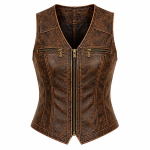 Chaleco de cuero genuino marrón vintage para mujer, chaleco de motociclista con cremallera frontal, chaleco de cuero premium con efecto desgastado, chaleco de moda. - Product Image 1