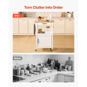 Chariot de cuisine réglable avec armoire à une porte, tiroir mobile, porte-serviettes, crochets, table portable et roulettes pivotantes en bois - Product Image 5