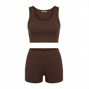 Conjunto Deportivo de 2 Piezas para Mujer, Top Corto Acanalado Marrón Sólido y Pantalones Cortos por Encima de la Rodilla, Cuello Redondo, Sin Mangas, Transpirable, Tejido - Product Image 1