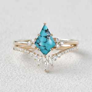 Bague de Fiançailles Vintage Kite Turquoise, Alliance de Mariage en Argent Sterling 925 Plaqué Or 14K Certifiée IGI pour Festival - Product Image 1