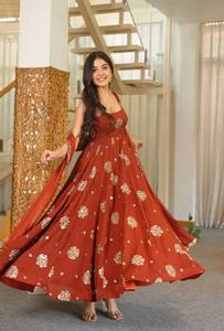 Ensemble Anarkali imprimé en feuille d'aluminium rouge avec dupatta, longueur ras du sol, traditionnel indien pakistanais pour femme - Product Image 2