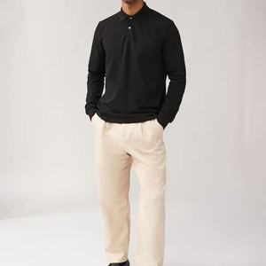 Polo à manches longues pour homme, noir, 100% coton piqué, col boutonné, vêtement décontracté, saison automne - Product Image 1