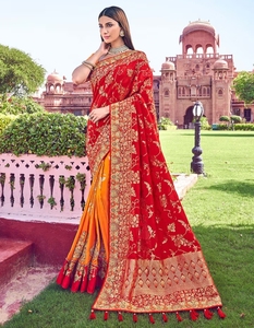 KV <b>Red</b> & Orange Color Silk Embroidered Designer Saree With Unstitched <b>Blouse</b> - Product Image 4