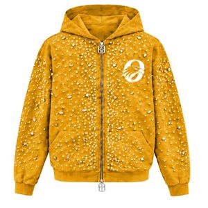 Sudadera con capucha y cremallera completa Mustard Gold Pearl, chaqueta estilo streetwear con perlas incrustadas, sudadera con capucha de manga larga con bolsillos frontales - Product Image 1