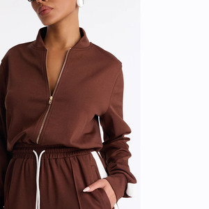 Ensemble de survêtement écologique marron pour femme, veste à manches longues avec demi-fermeture éclair, pantalon à cordon de serrage, couleur unie, vêtements de sport décontractés, vêtements d'hiver - Product Image 4