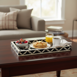 Luxury Bone Inlay Serving Tray Black White | Handmade Geometric Decorative Tray | Elegant <b>Coffee</b> <b>Table</b> Organizer with Handles - Product Image 2