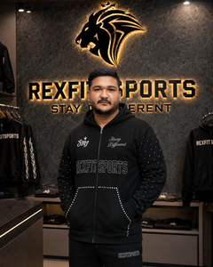REXFITSPORTS 2026 Sweat-shirt à capuche zippé personnalisé noir avec strass, unisexe, en coton et polyester, style streetwear, avec impression - Product Image 6