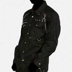 <b>Men's</b> Black Gothic Long Sleeve Shirt with Detachable Shoulder Chains, Metal Pyramid <b>Studs</b>, and Zipper Pockets - Product Image 2