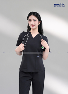 ชุดสครับคอวีสีดำสำหรับผู้หญิง แขนสั้น ชุดยูนิฟอร์มโรงพยาบาล ผ้าทอผสมคอตตอนและโพลีเอสเตอร์ พร้อมกางเกง - Product Image 3