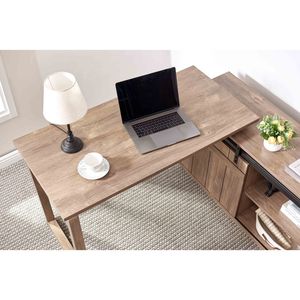 Scrivania a L Reversibile Color Nocciola per Ufficio Domestico con Credenza Scorrevole e Porta a Battente, Postazione di Lavoro con Spazio di Archiviazione Integrato - Product Image 3