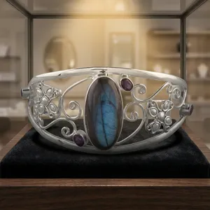925 <b>Sterling</b> <b>Silver</b> Labradorite Cuff <b>Bracelet</b> Ornate Floral Scroll Design Natural Blue Fire Gemstone <b>Women</b>’s Statement Jewelry - Product Image 3