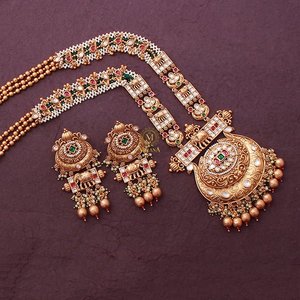 Neesha Antique Gold Long <b>Necklace</b> & <b>Earring</b> <b>Set</b> with Zircon <b>and</b> Pearl for <b>Bridal</b> Wedding Festival - Product Image 5