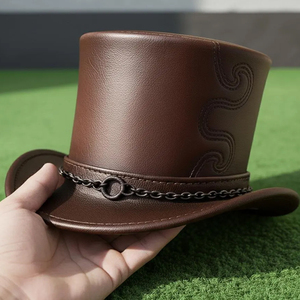Premium quality custom made Handmade Brown Leather Top <b>Hat</b> Embossed Chain <b>Band</b> Gothic Steampunk Cosplay - Product Image 2