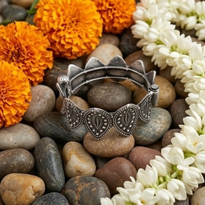 DIVYORO Women's Brass Oxidized Silver Plated Ethnic Antique Textured Leaf Kada <b>Bangle</b> - Product Image 3