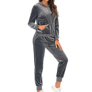 Women's Gray <b>Velour</b> Eco-friendly 100% Cotton <b>Tracksuit</b> Hooded Drawstring Full Sleeve Casual Jogger Pants Set Solid Color Winter - Product Image 1
