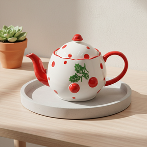 Tetera de Porcelana Fina de Primera Calidad 3460983A-1.0, Nueva, con Estampado de Flor de Poinsettia y Punto Rojo, 1000 ml - Product Image 4