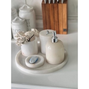 White Marble Bathroom Set 4-Piece Round Minimalist Soap Dispenser <b>Toothbrush</b> <b>Holder</b> Tray Easy To Clean - Product Image 6