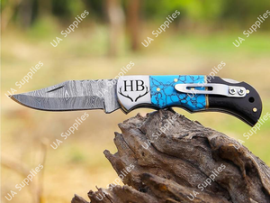Couteau pliant multifonction en acier Damas de qualité industrielle, manche en pierre turquoise et époxy noir, lame à pointe tombante, ouverture coulissante - Product Image 4