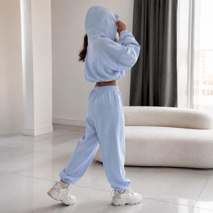 Women 2 Piece Tracksuit Set Hooded Zipper <b>Crop</b> <b>Top</b> Regular Sweatpants Full Length Solid Black Casual Winter 100% Cotton Quick - Product Image 3