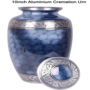 Urna Funeraria de Aluminio Azul, Recipiente Decorativo para Cenizas con Patrón de Hojas Plateadas, Recuerdo Conmemorativo Metálico - Artesanía India - Product Image 1